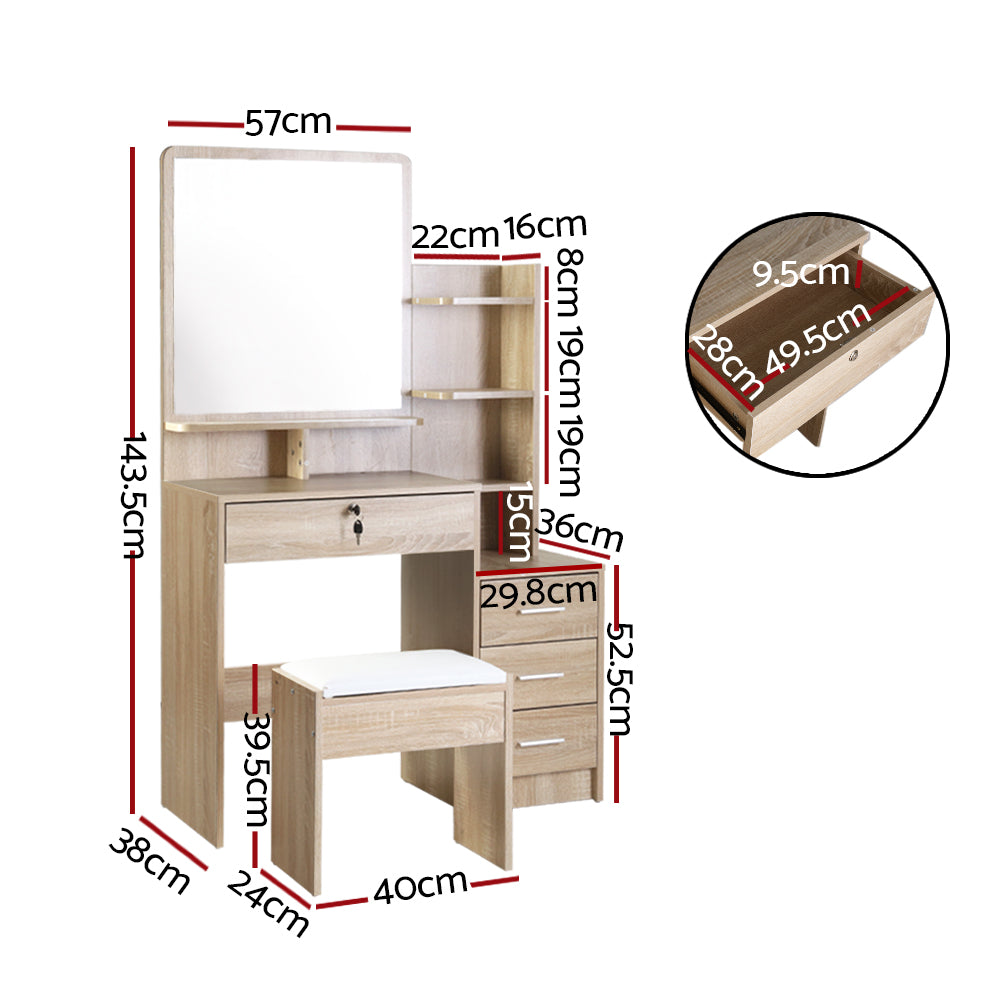 NNEDSZ Artiss Dressing Table Stool Set 4 Drawers Oak-1