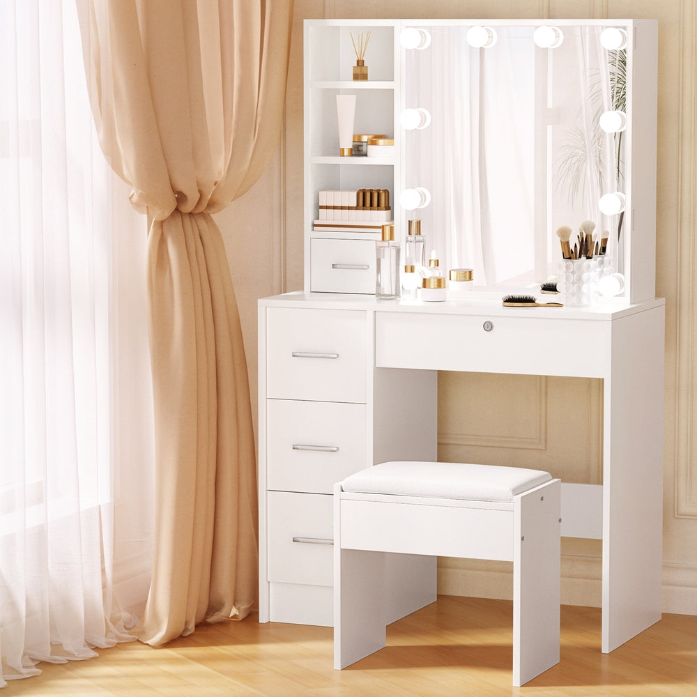 NNEDSZ Artiss Dressing Table Set Stool 10 Led Bulbs White Dylan-0