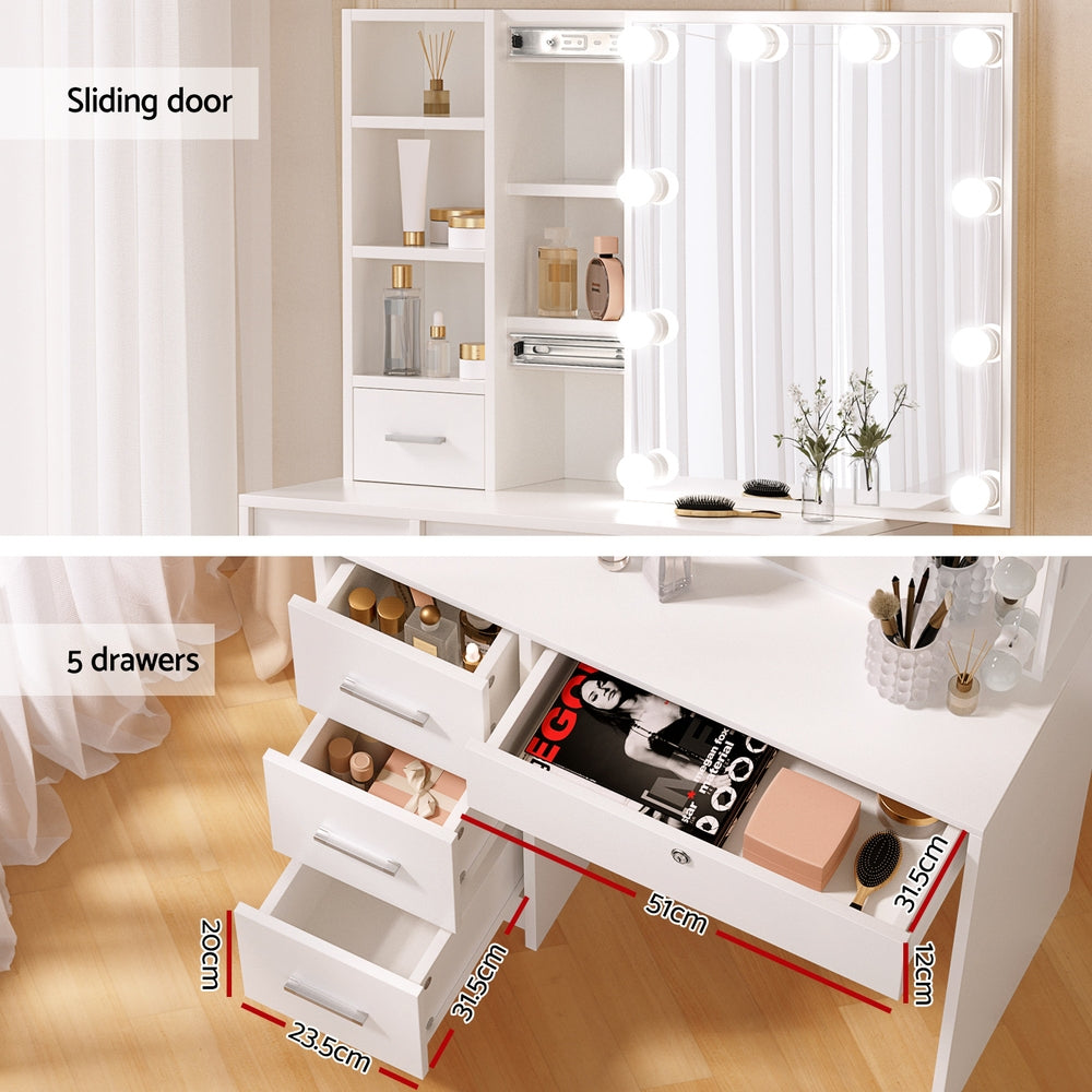 NNEDSZ Artiss Dressing Table Set Stool 10 Led Bulbs White Dylan-4