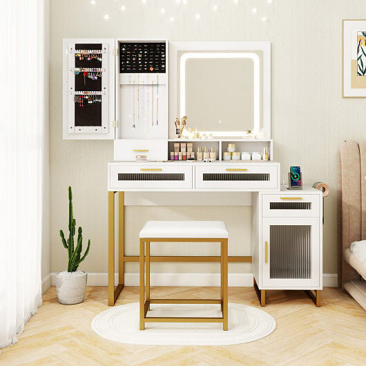 Makeup Vanity Desk Dressing Table and Stool Set with Lighted Mirror-White-1