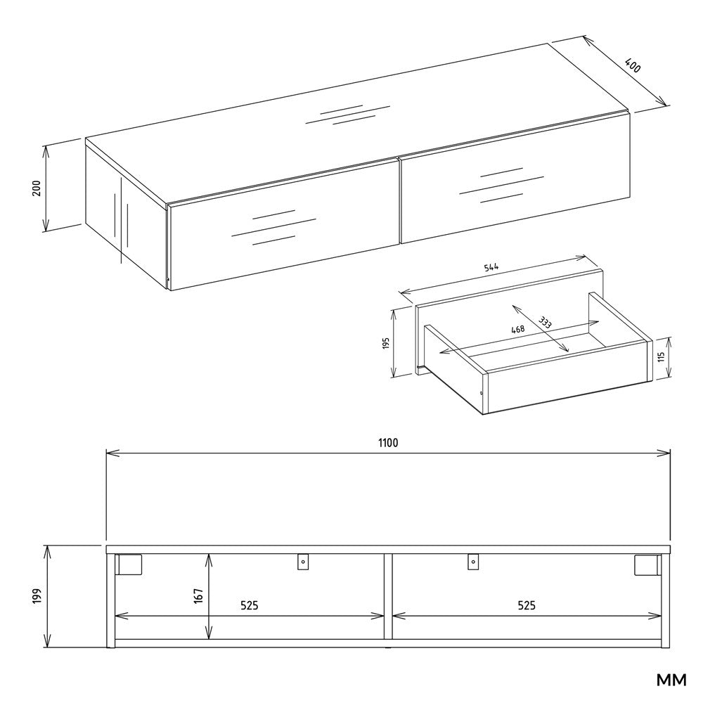 Cassettiera Sospesa 110 cm — Bianco Neve