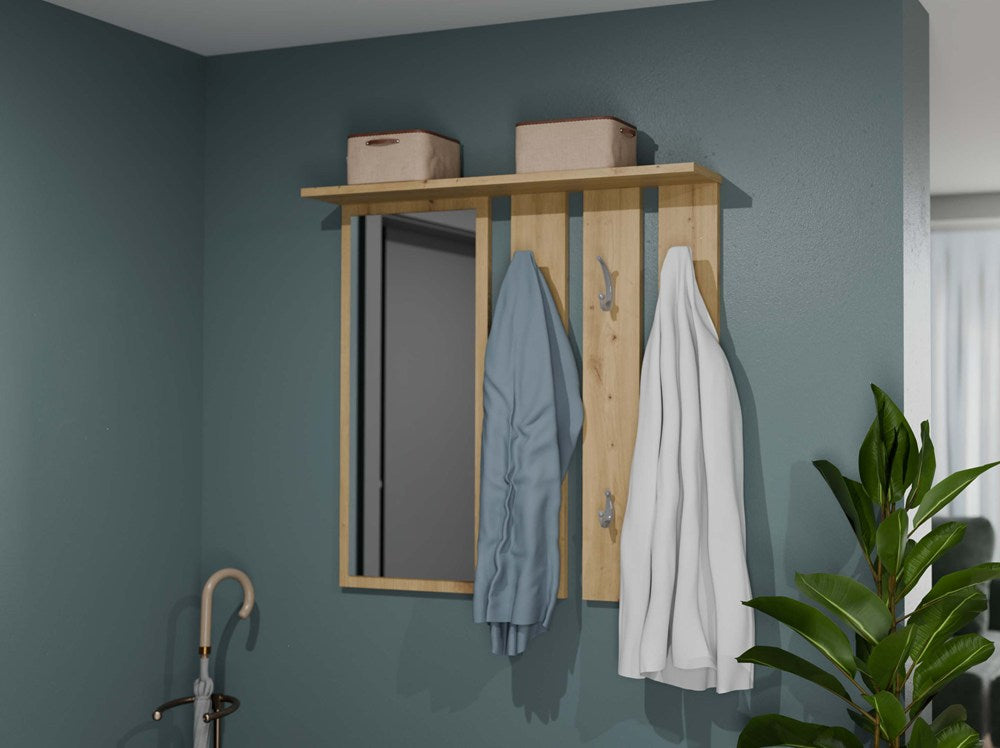 Appendiabiti da Parete Luce con Specchio e Ripiano – Rovere Artisan 85×15×82 cm