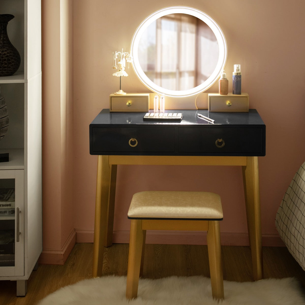 NNECW Dressing Table Stool Set with Makeup Mirror for Bedroom-Black-0