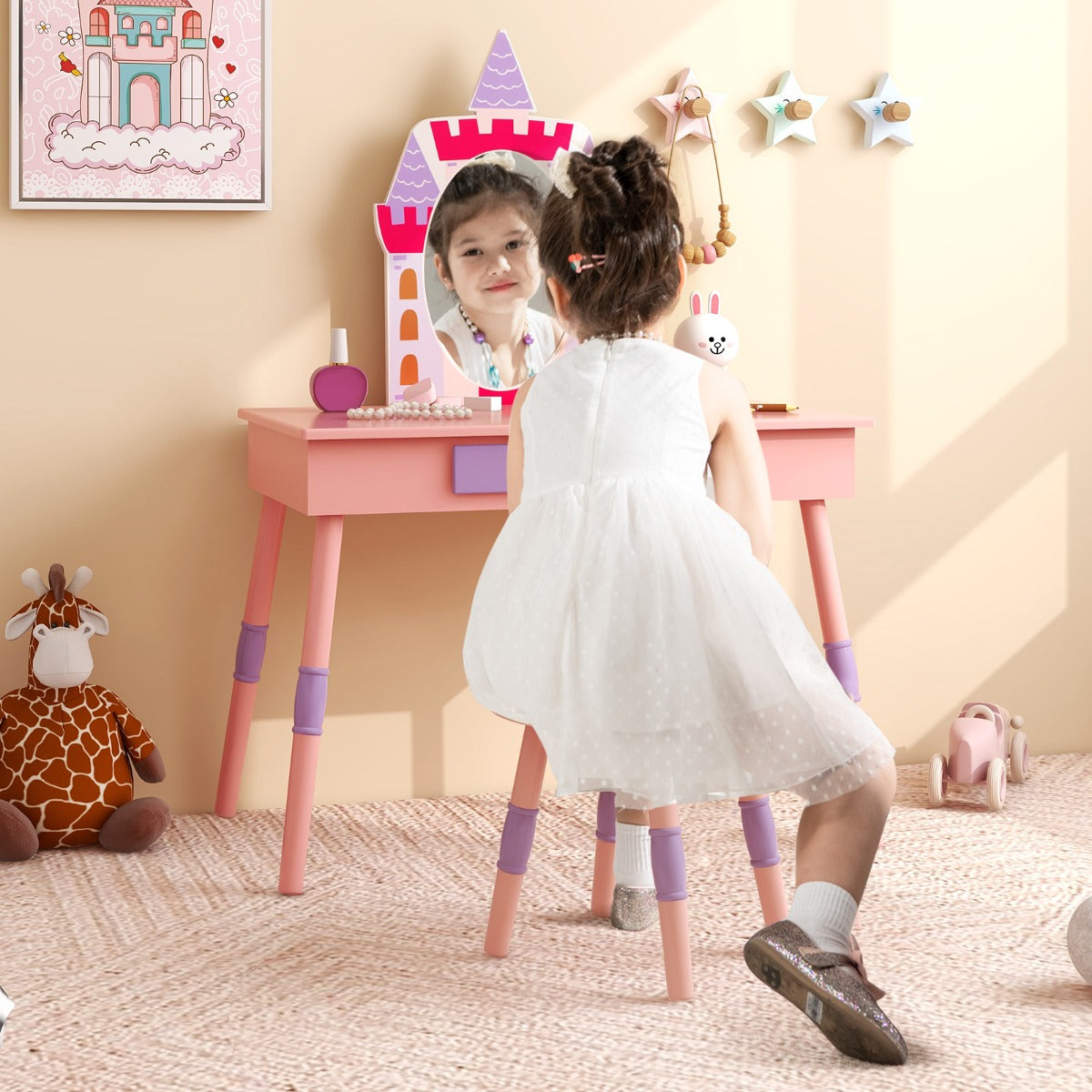 NNECW Princess Makeup Dressing Table with Drawer and Mirror-Pink-4