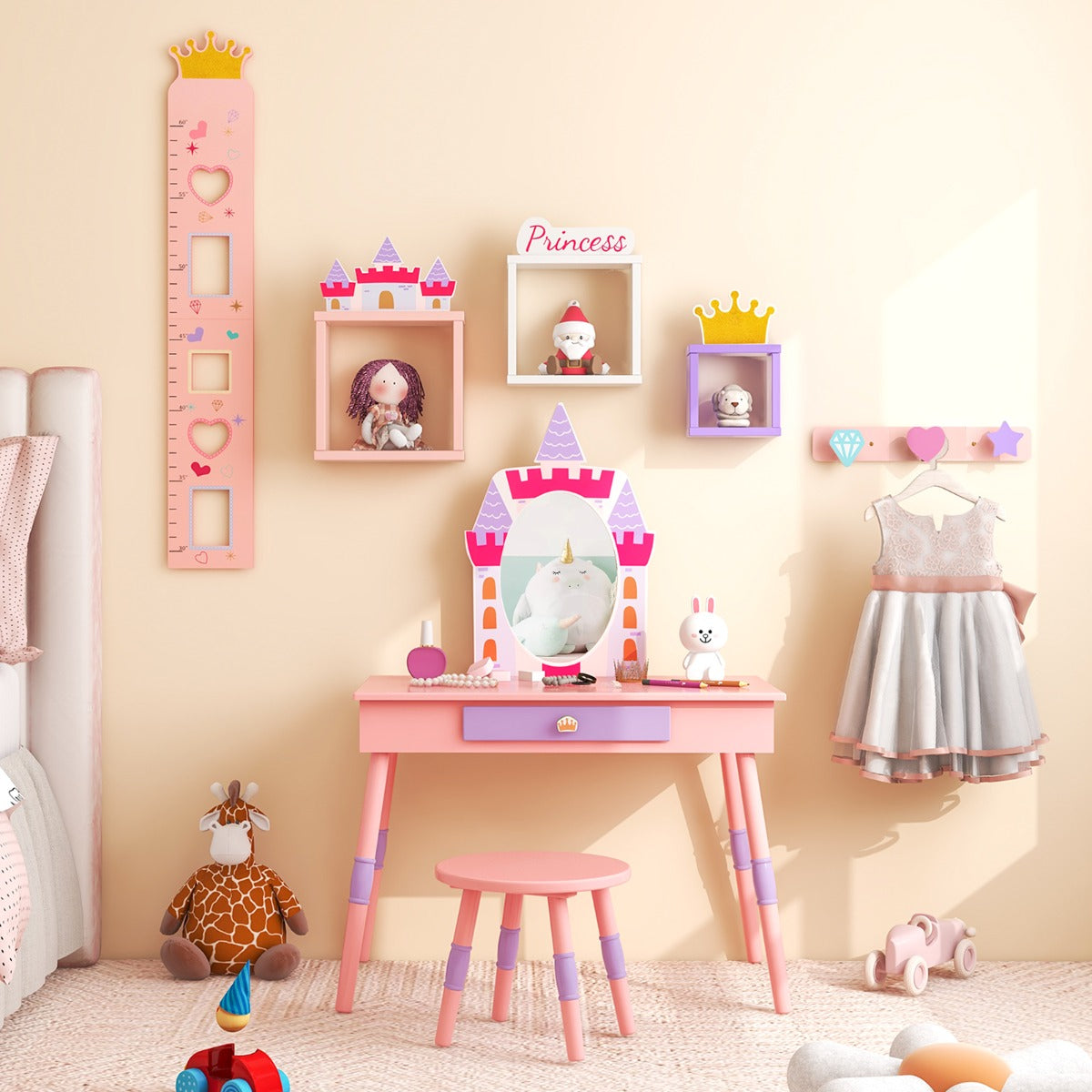 NNECW Princess Makeup Dressing Table with Drawer and Mirror-Pink-0